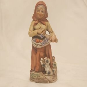 Homco Rustic Woman with Basket and Dog Sculpture